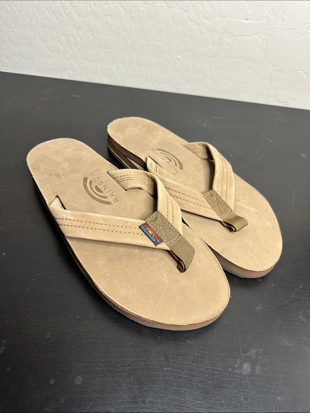 Rainbow Men’s Tan Suede Leather Flip Flops with Olive Webbing